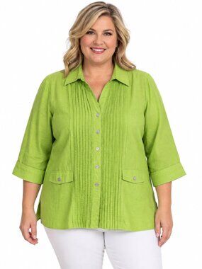 Linen Shirt Women's 1X Sara Isabella Tunic Shacket Green Pleated Tuxedo